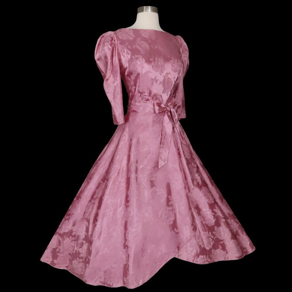 Vintage 80s 40s Pink Floral Dressing Robe Look Faux Wrap Skirt Party Dress M